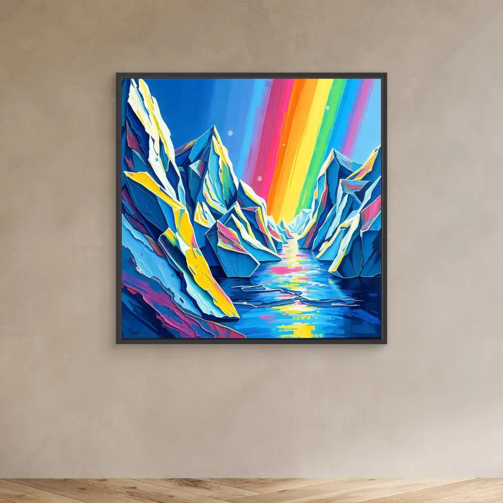 Vibrant painting of snow-capped mountains with a rainbow streaking across a blue sky and water below.