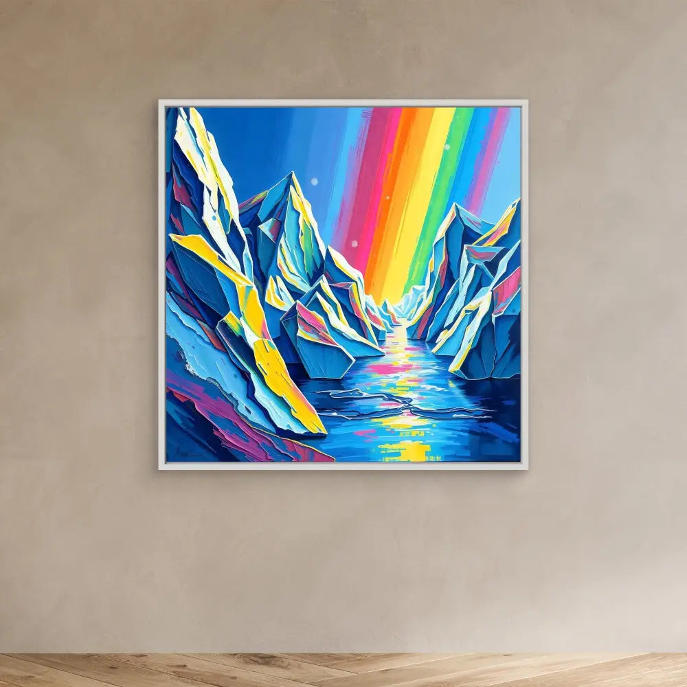 Vibrant painting of snow-capped mountains with a rainbow and reflective water between the peaks.