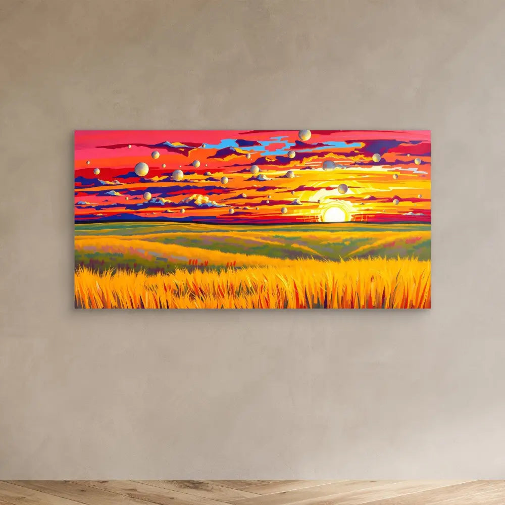 Vibrant painting of a sunset over a golden wheat field with dramatic red and orange clouds.