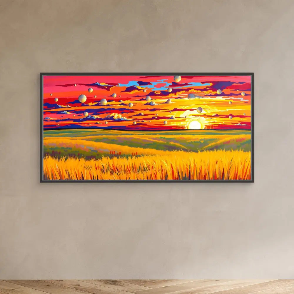 Vibrant painting of a sunset over golden wheat fields with dramatic orange and red clouds.