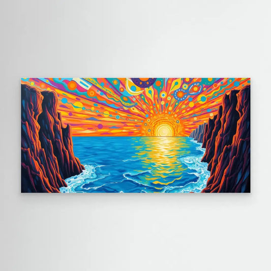 Vibrant painting of a sunset over ocean waves between rocky cliffs.