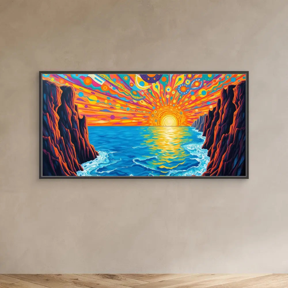 Vibrant painting of a sunset over ocean waves between rocky cliffs.