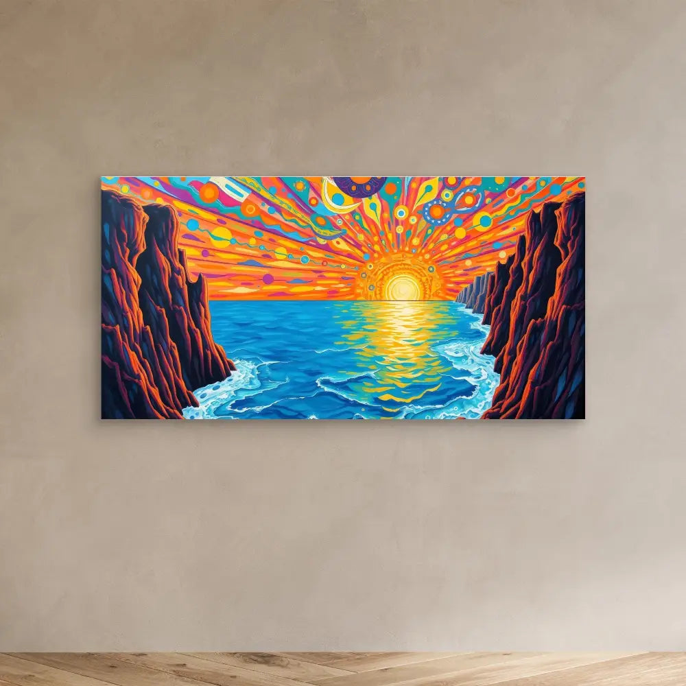 Vibrant painting of a sunset over ocean waves between rocky cliffs.