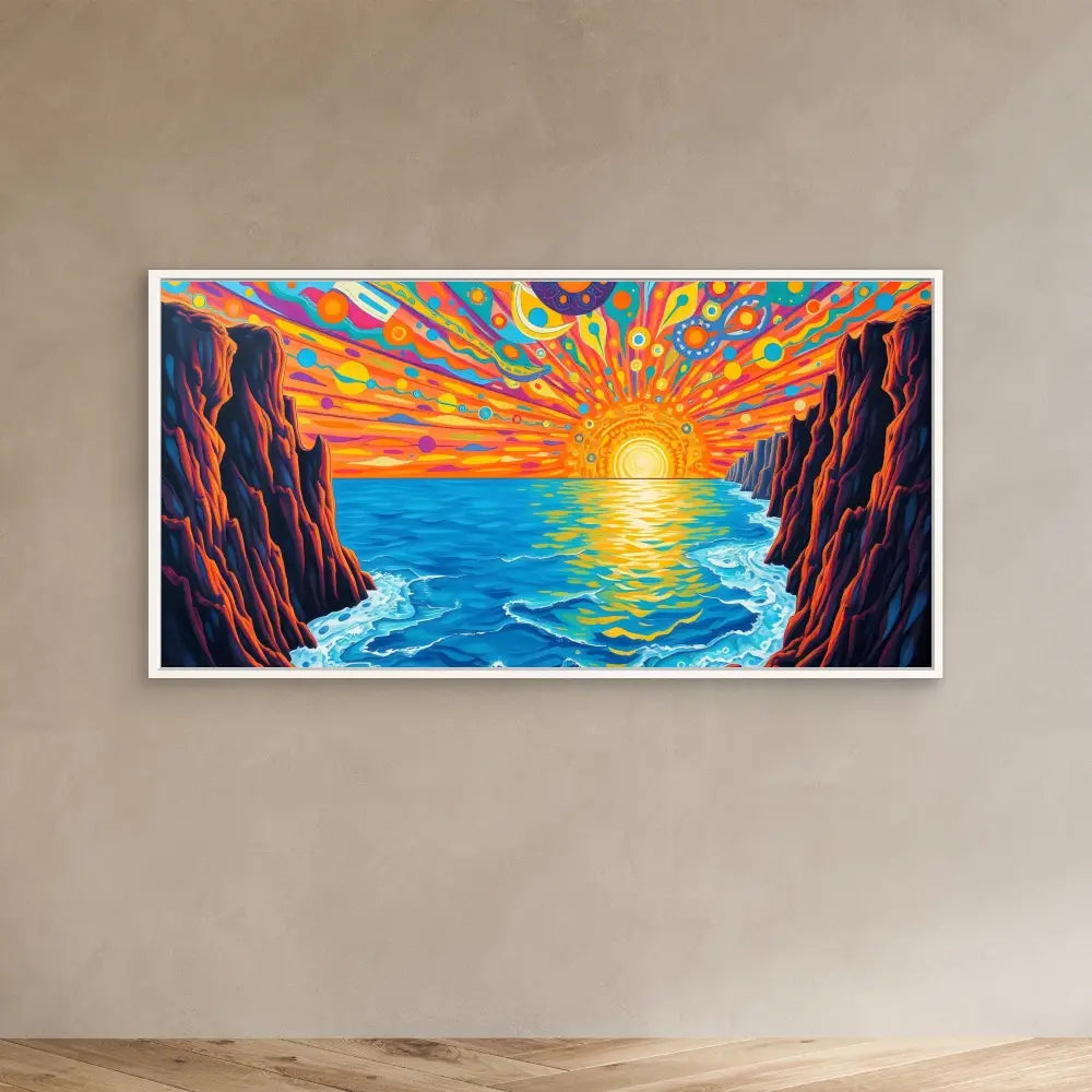 Vibrant painting of a sunset over ocean waves between rocky cliffs.