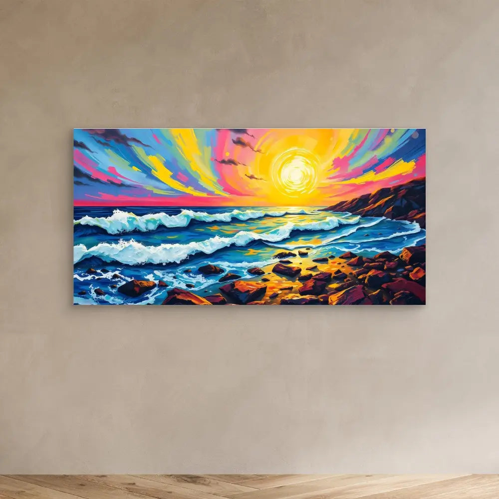 Vibrant painting of a sunset over turbulent ocean waves crashing against rocky shores.