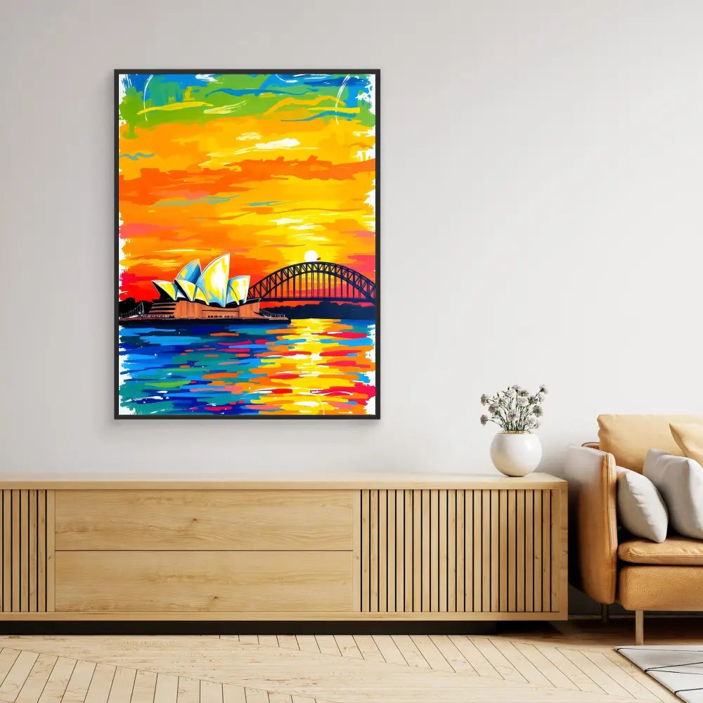 Vibrant painting of Sydney Harbour featuring the Opera House and Harbour Bridge against a colorful sunset sky.