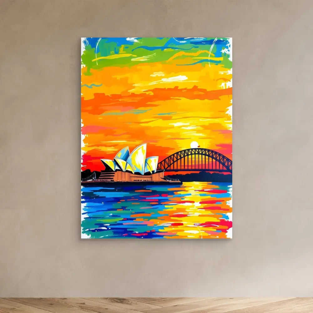 Vibrant painting of the Sydney Opera House and Harbour Bridge at sunset with colorful reflections on the water.