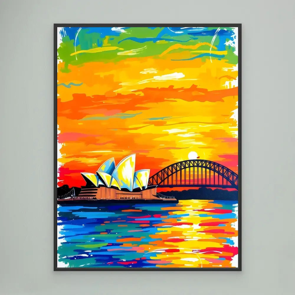 Vibrant painting of Sydney Opera House and Harbour Bridge at sunset with colorful reflections on water.