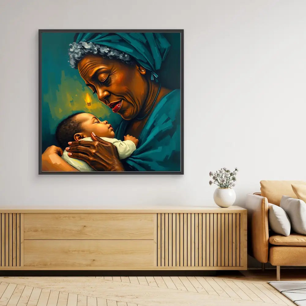 A vibrant painting depicting a tender moment between a woman in a turquoise headwrap and a laughing baby.