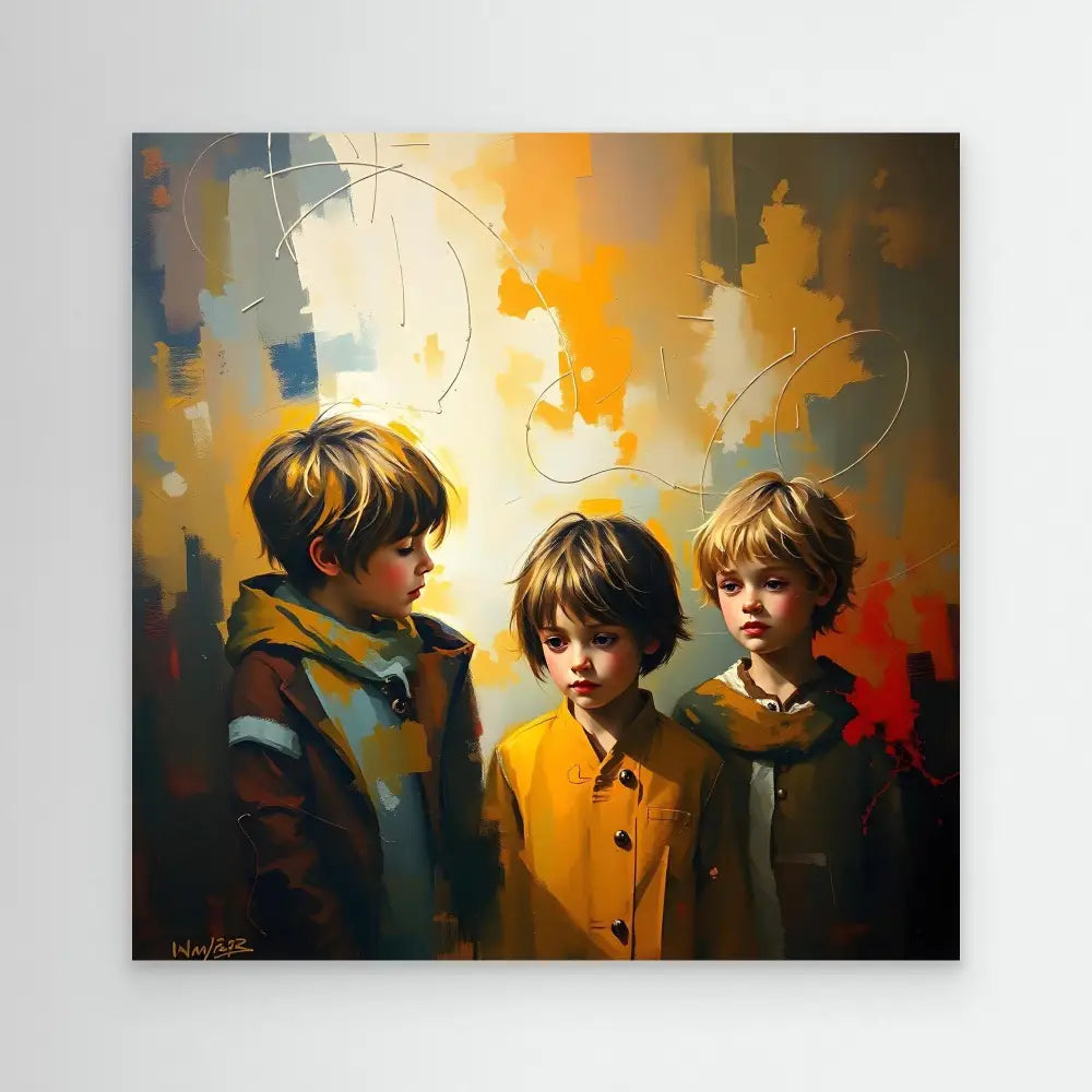 A vibrant painting of three young children in casual coats against an abstract backdrop.