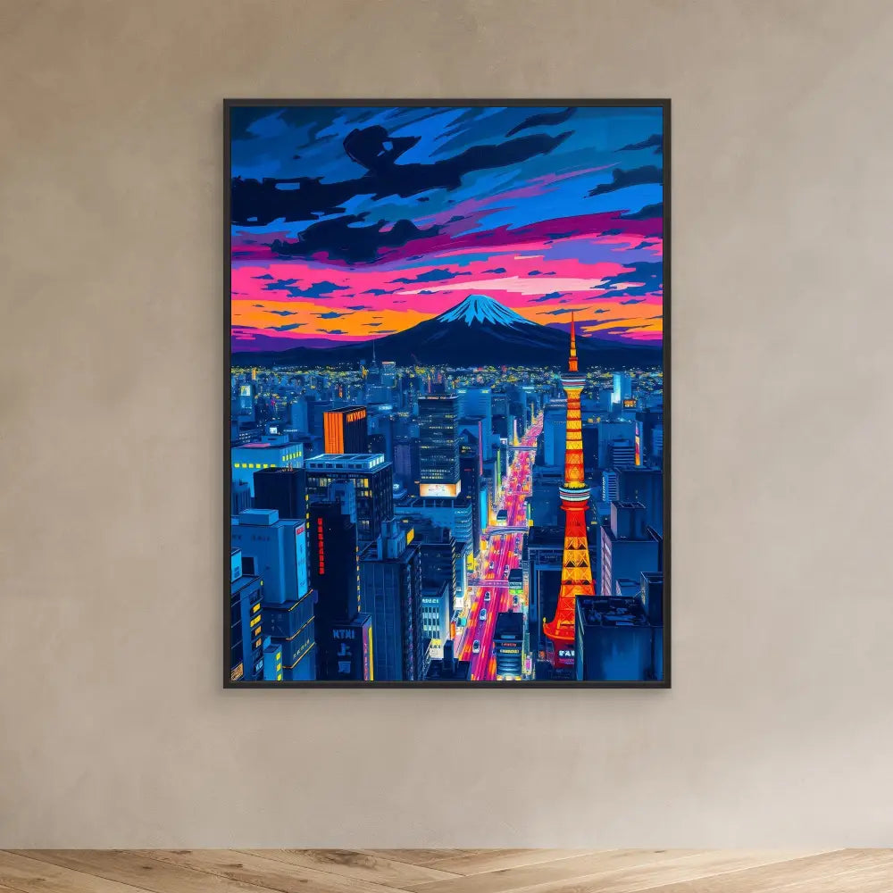 Vibrant painting of Tokyo’s cityscape at sunset featuring Mount Fuji and Tokyo Tower.