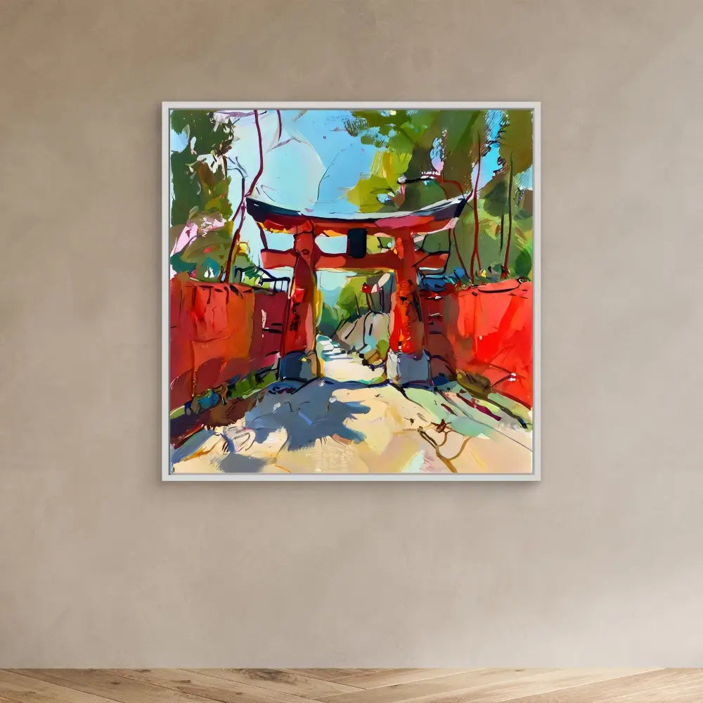 A vibrant painting of a traditional Japanese torii gate with red pillars and crossbeams.