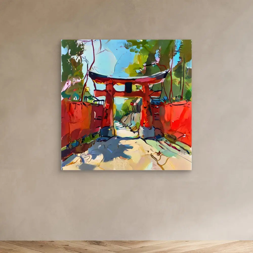 A vibrant painting of a traditional Japanese torii gate with red pillars and crossbeams.