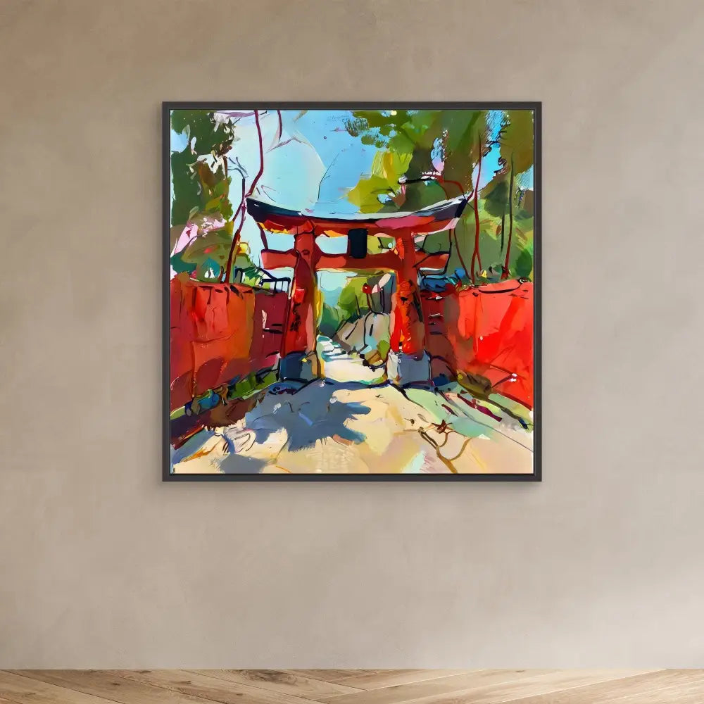 A vibrant painting of a traditional Japanese torii gate with red walls and posts.