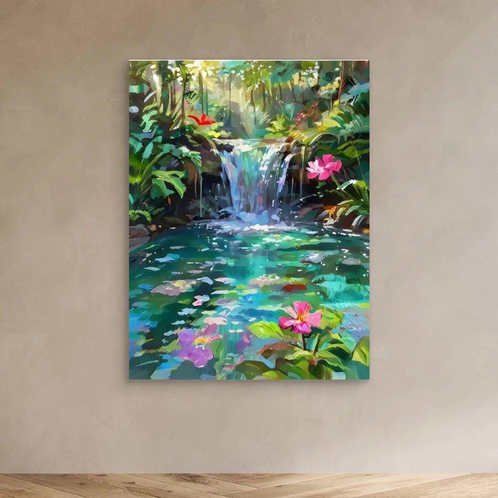 Vibrant painting of a tropical waterfall with pink water lilies in a lush forest pool.