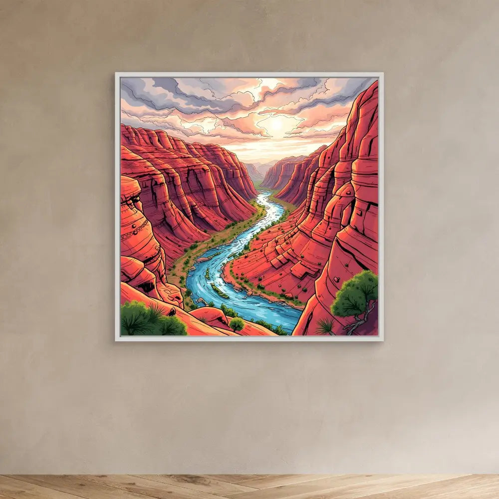 Vibrant painting of a winding turquoise river flowing through red canyon walls beneath a dramatic sunset sky.