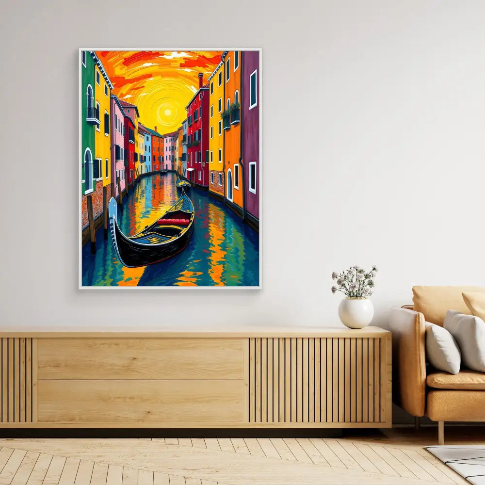 Vibrant painting of a Venetian canal with colorful buildings and a gondola at sunset.