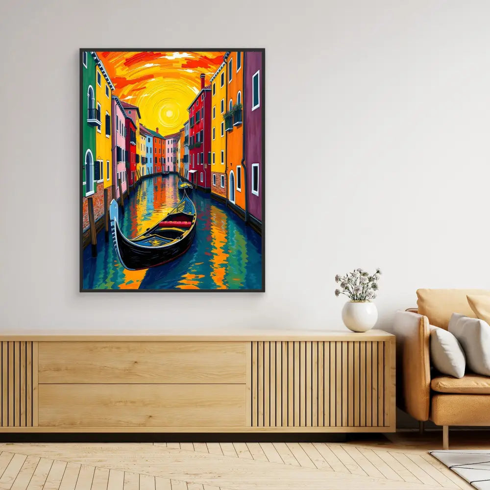 Vibrant painting of a Venetian canal at sunset with colorful buildings and a gondola.