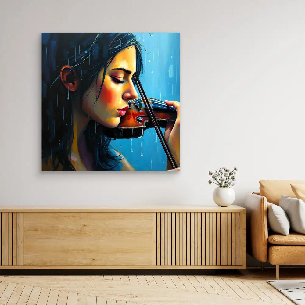 A vibrant painting of a violinist with closed eyes in profile against a blue backdrop.