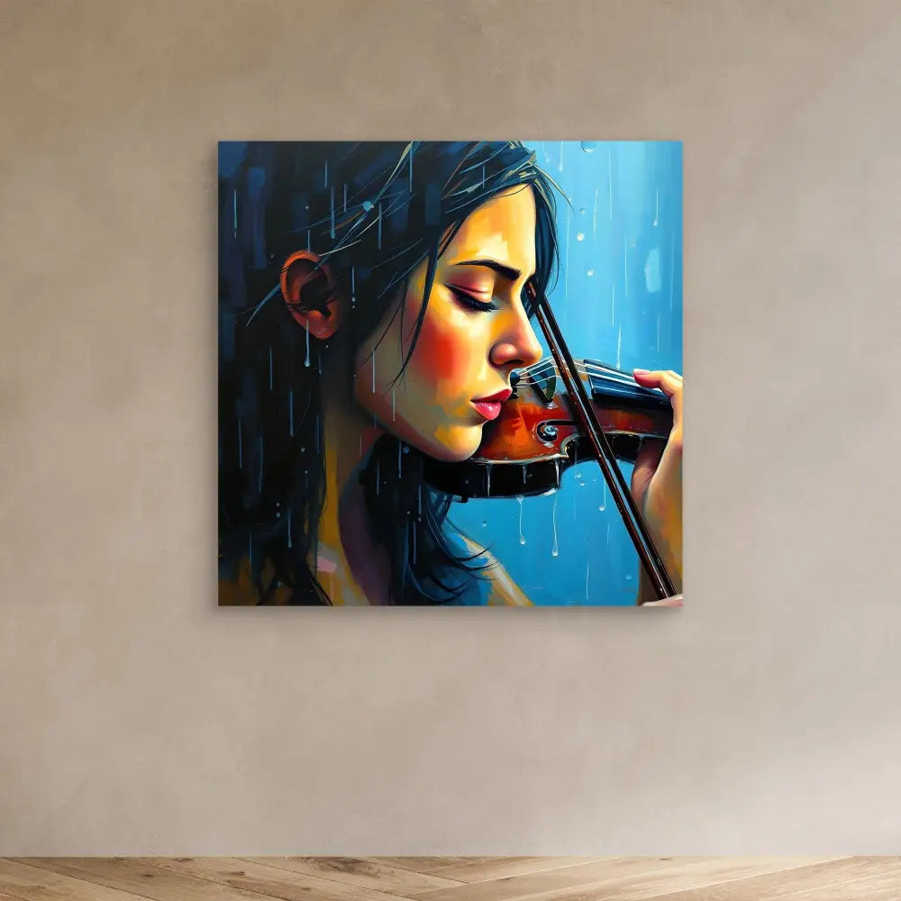 A vibrant painting of a violinist performing in profile against a blue backdrop.