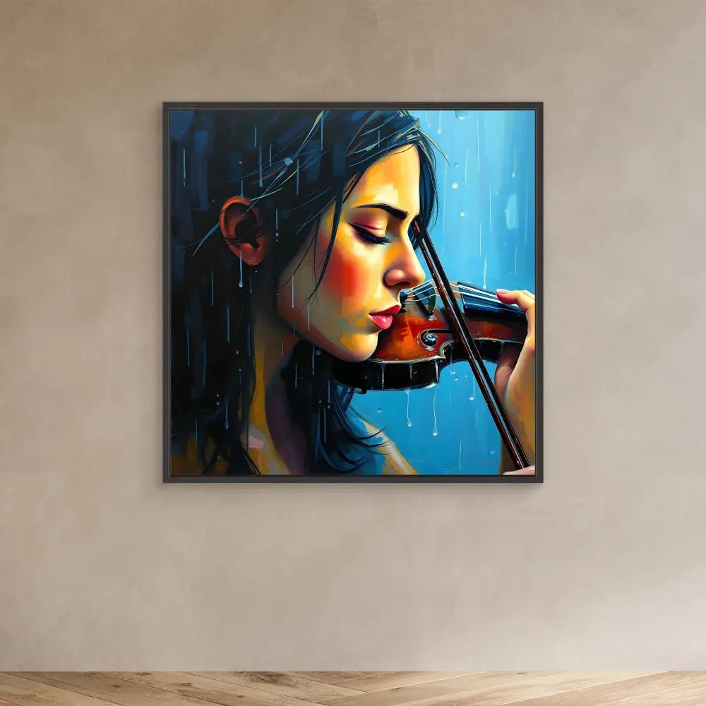 A vibrant painting of a violinist performing in profile against a blue backdrop.