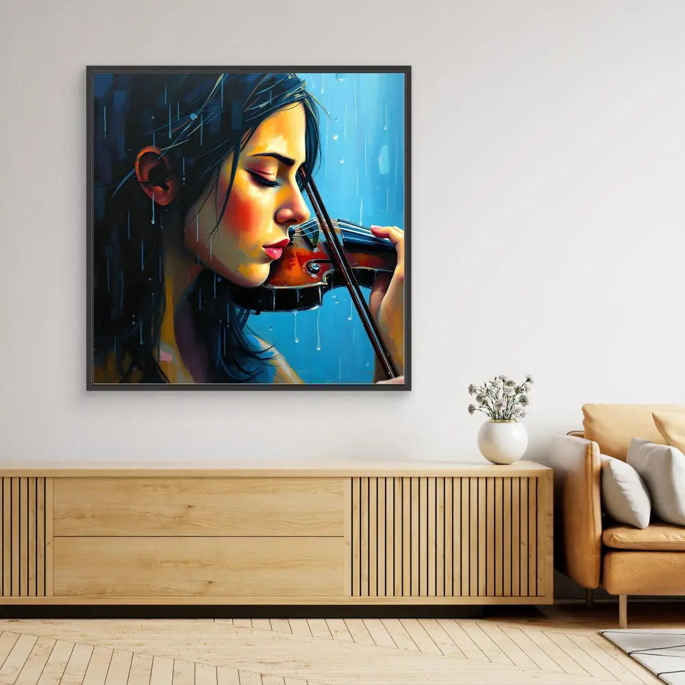 A vibrant painting of a violinist in profile against a blue backdrop.