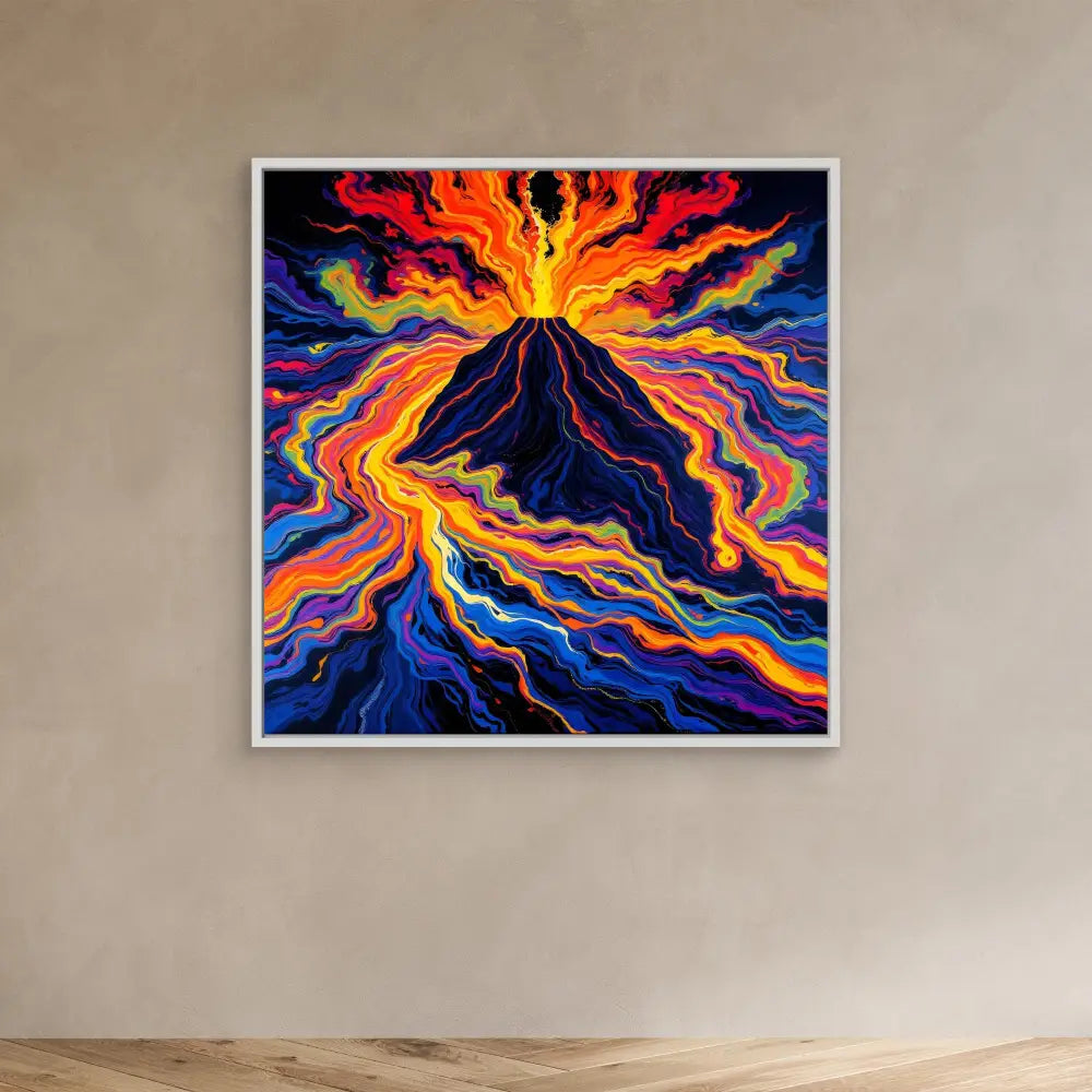 Vibrant painting of an erupting volcano with swirling flames and lava in rainbow colors.