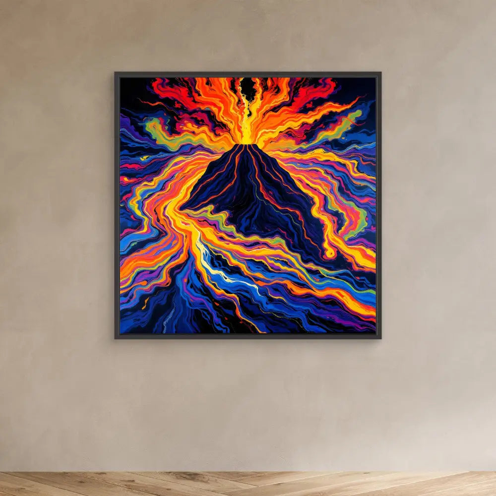 Vibrant painting of an erupting volcano with swirling flames and lava in rainbow colors.