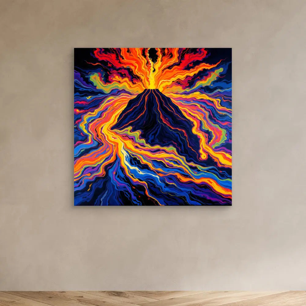 Vibrant painting of an erupting volcano with swirling multicolored lava flows.