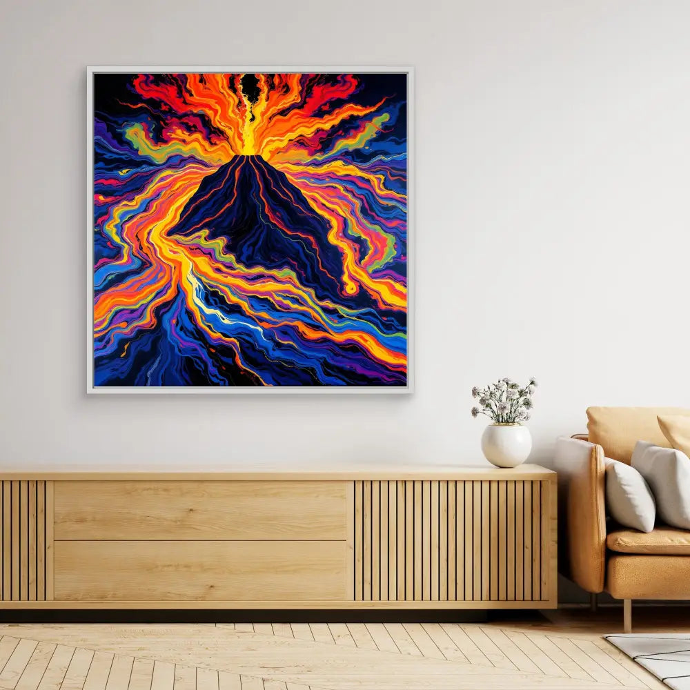 Vibrant painting of an erupting volcano with swirling orange, red and blue colors.