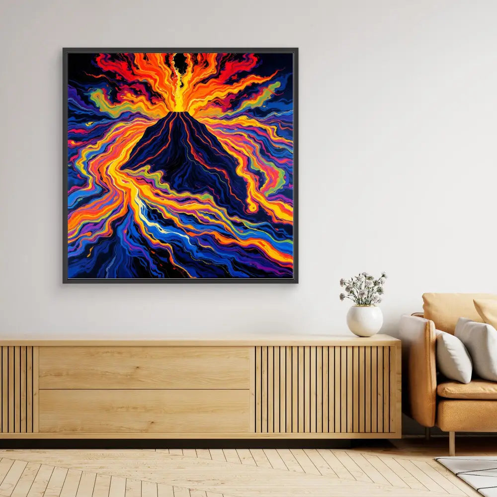 Vibrant painting of an erupting volcano with swirling orange, red, and blue flames against a dark background.