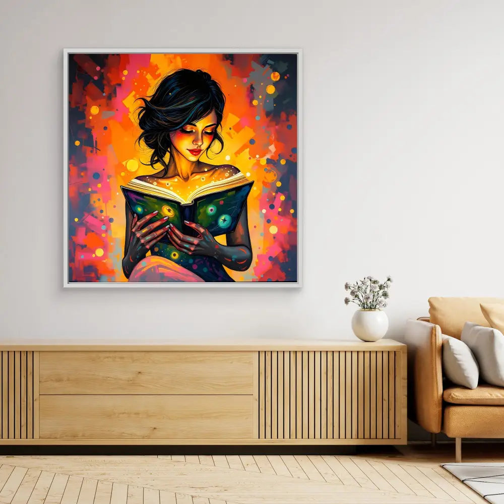 Vibrant painting of a woman reading a magical glowing book amid colorful swirling lights.