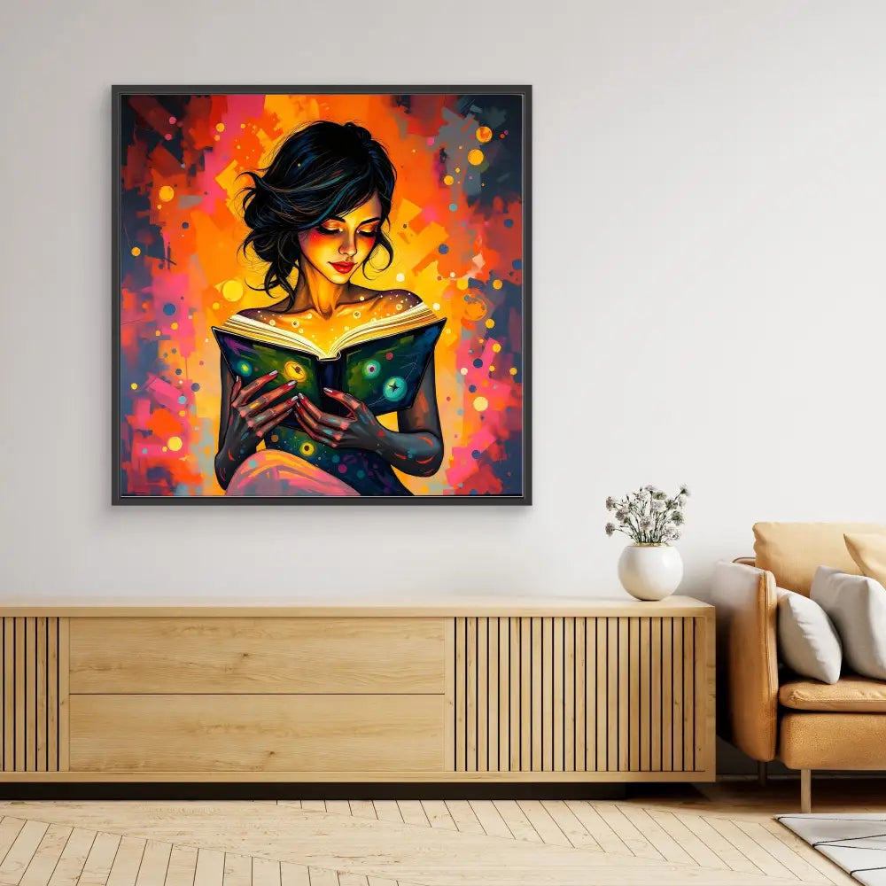 Vibrant painting of a woman reading a magical glowing book amid colorful swirling lights.