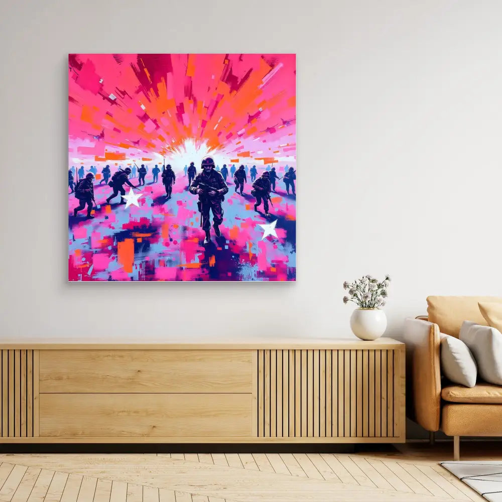 Vibrant pink and orange abstract painting depicting silhouetted figures against a dramatic sky.