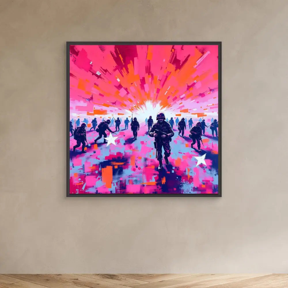 Vibrant pink and orange abstract painting showing silhouetted figures walking toward a bright horizon.