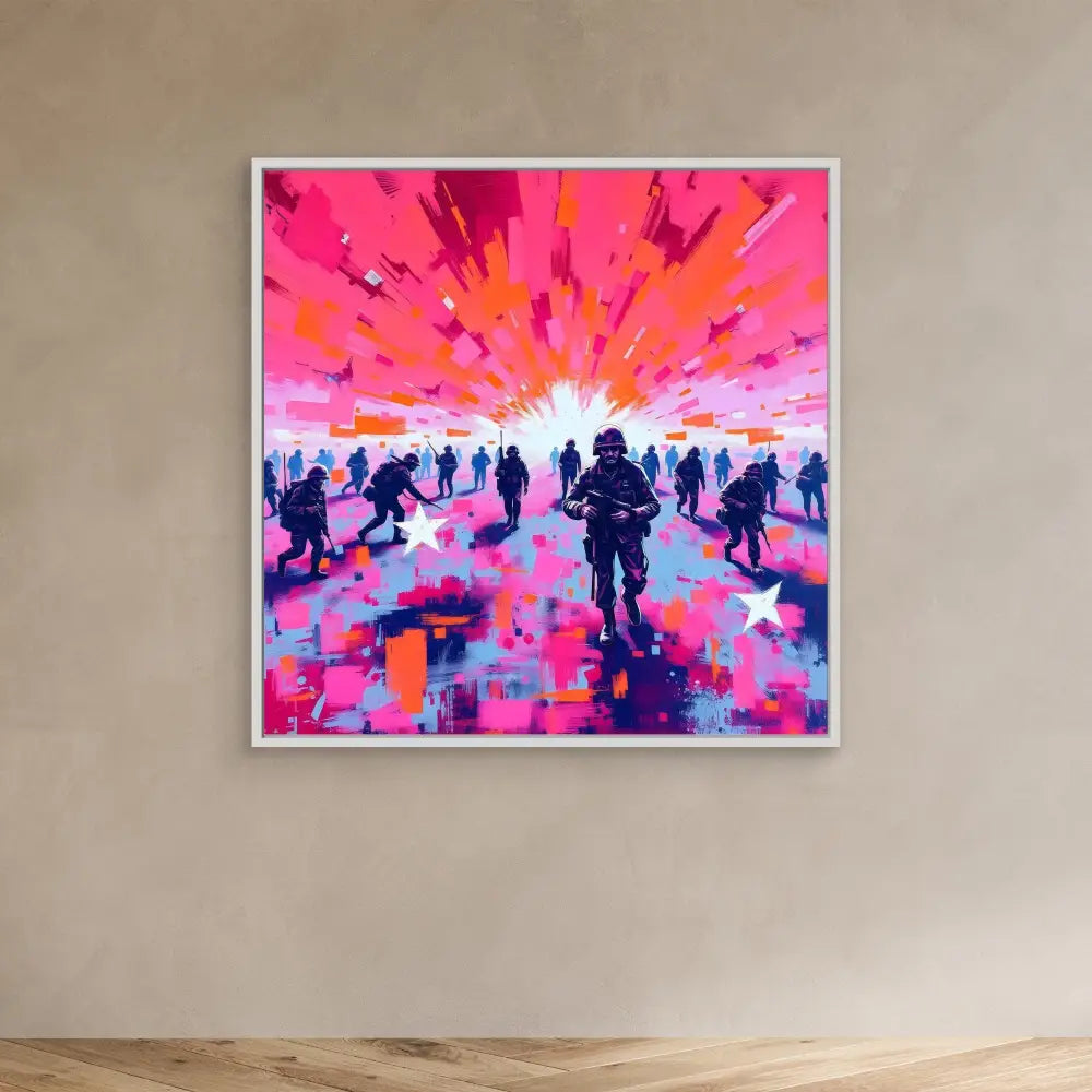 A vibrant pink and orange abstract painting showing silhouetted figures walking toward a bright central burst of light.