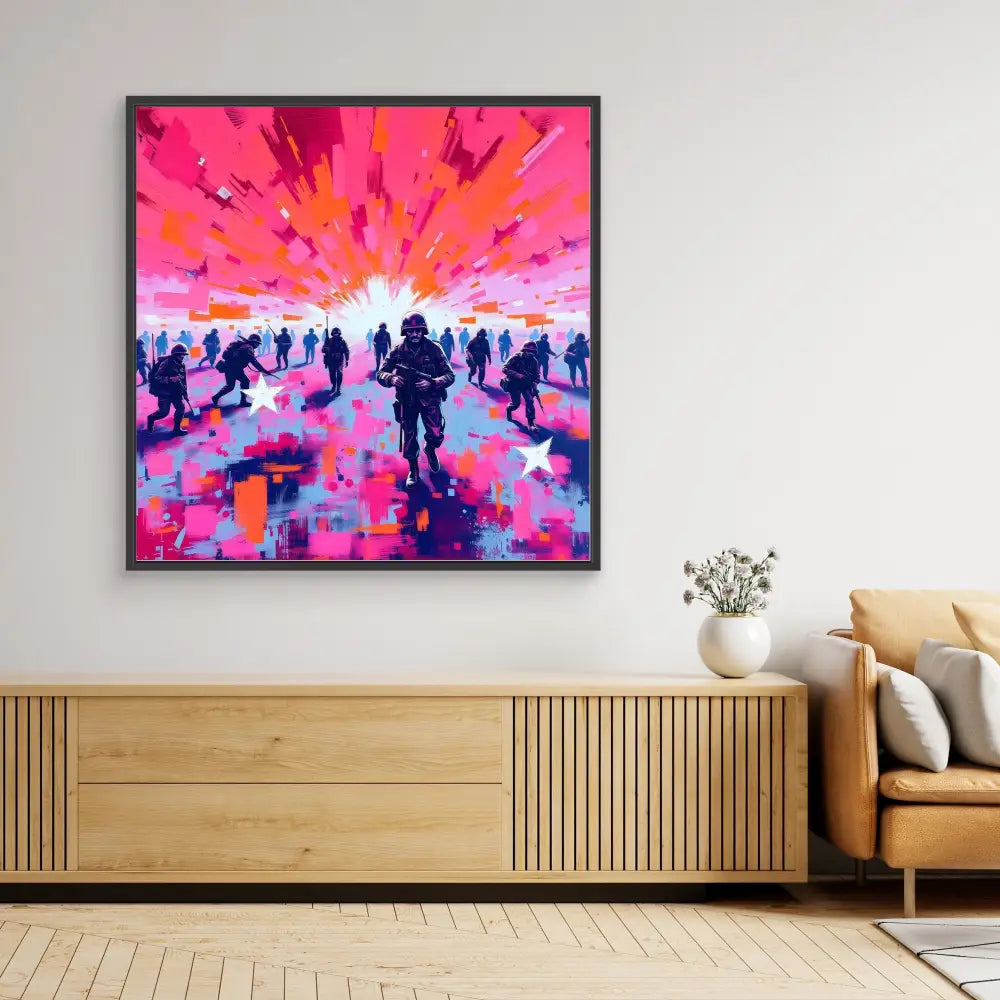 Vibrant pink and purple abstract painting depicting silhouetted figures against a dramatic sunset sky.