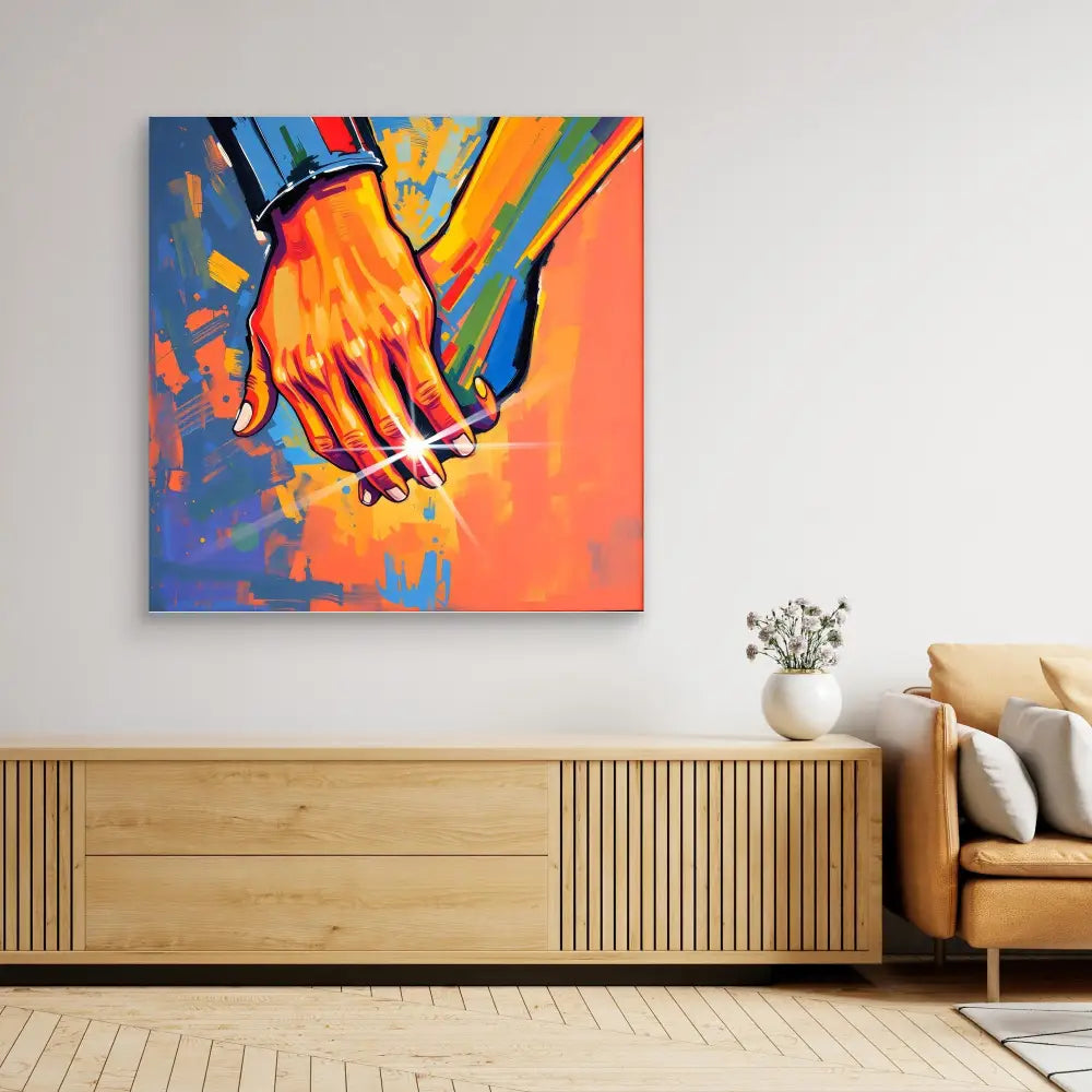 Vibrant pop art painting of clasped hands against colorful abstract splashes.