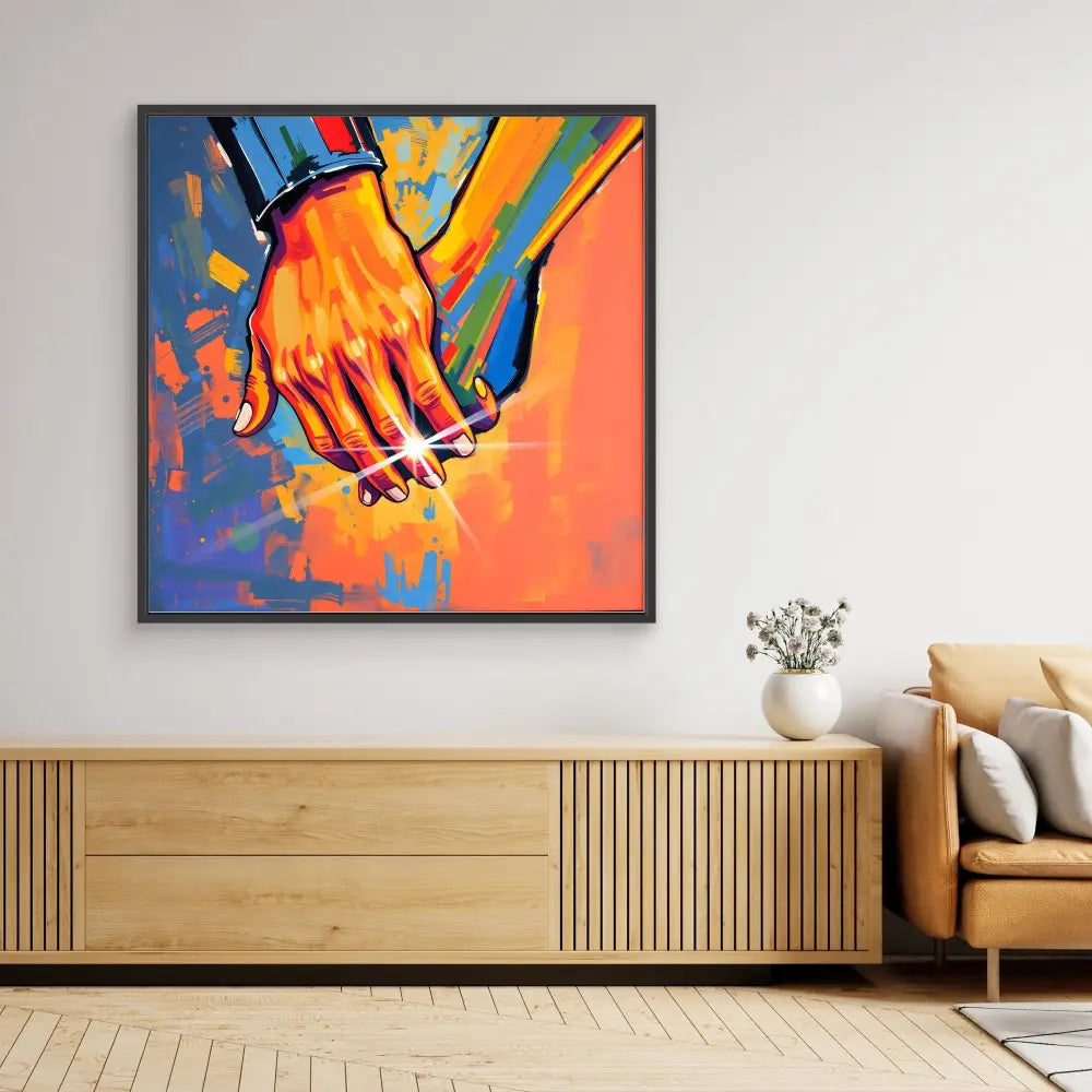 Vibrant pop art painting of clasped hands against colorful orange and blue splashes.