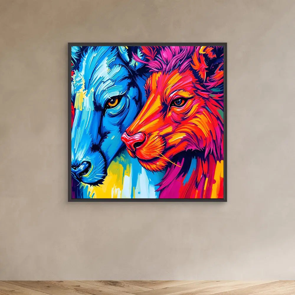 Vibrant pop art painting of two lions in contrasting cool blue and warm red-orange colors.