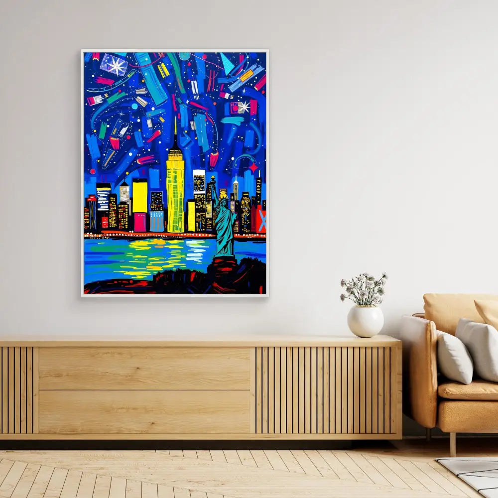 Vibrant pop art painting of the New York City skyline with colorful fireworks against a blue night sky.