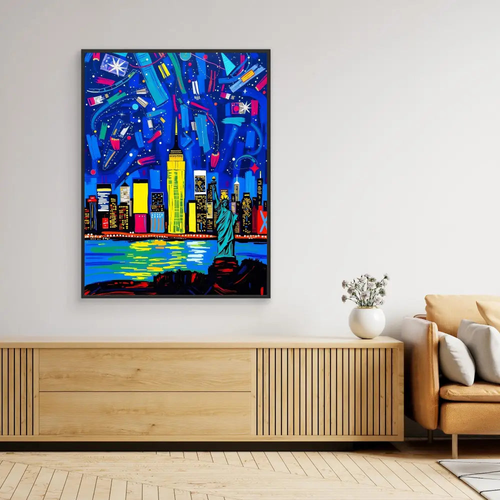 Vibrant pop art painting of the New York City skyline with the Statue of Liberty against a blue night sky.