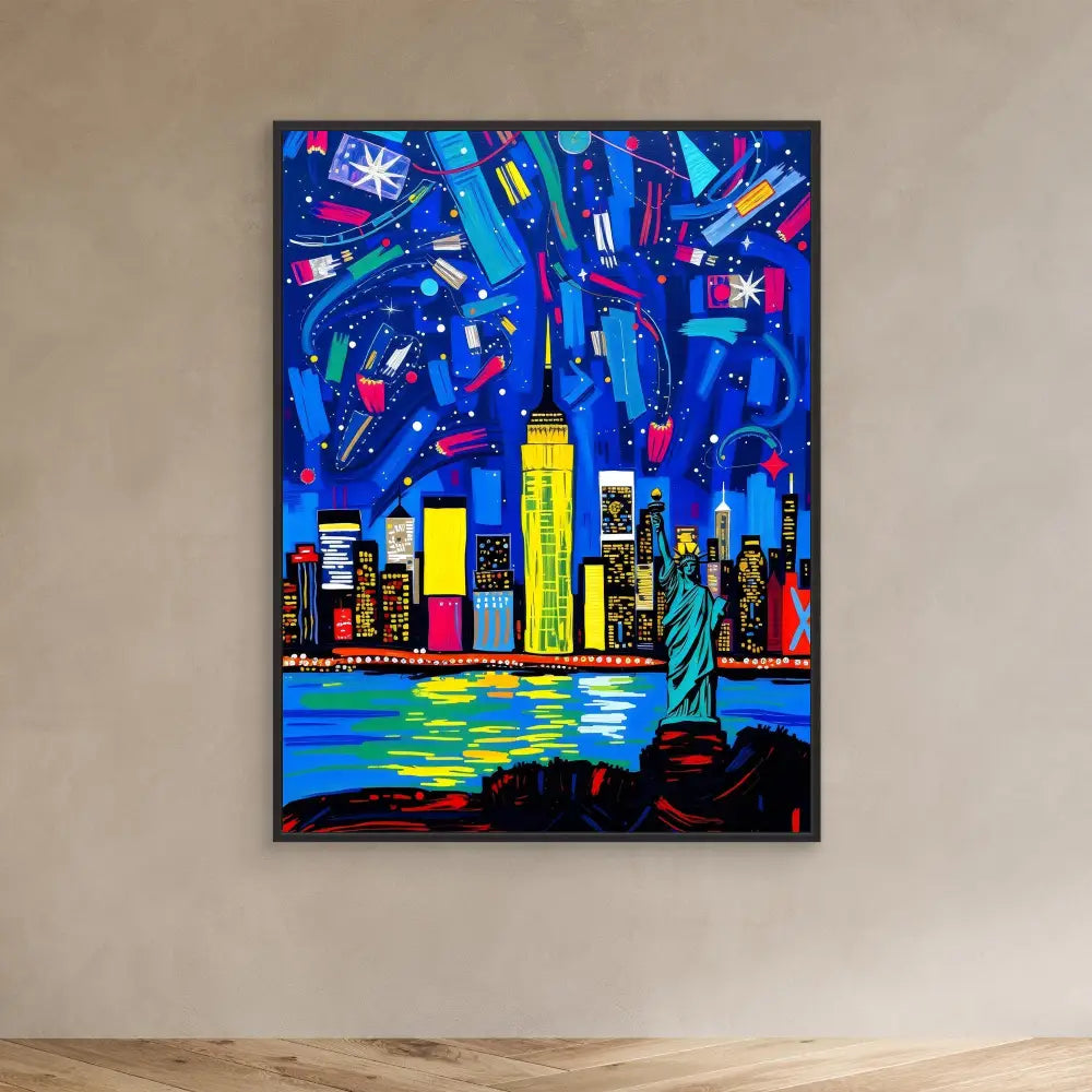 Vibrant pop art painting of the New York City skyline with the Statue of Liberty against a swirling blue night sky.