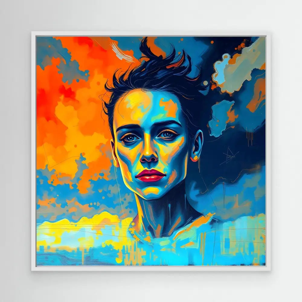 Vibrant pop art portrait with bold orange, blue and yellow color contrasts.