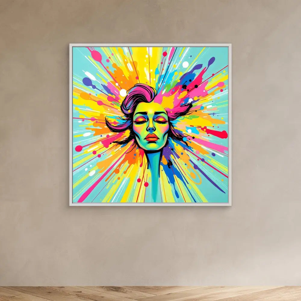 Vibrant pop art portrait with colorful paint splashes radiating outward in a starburst pattern.