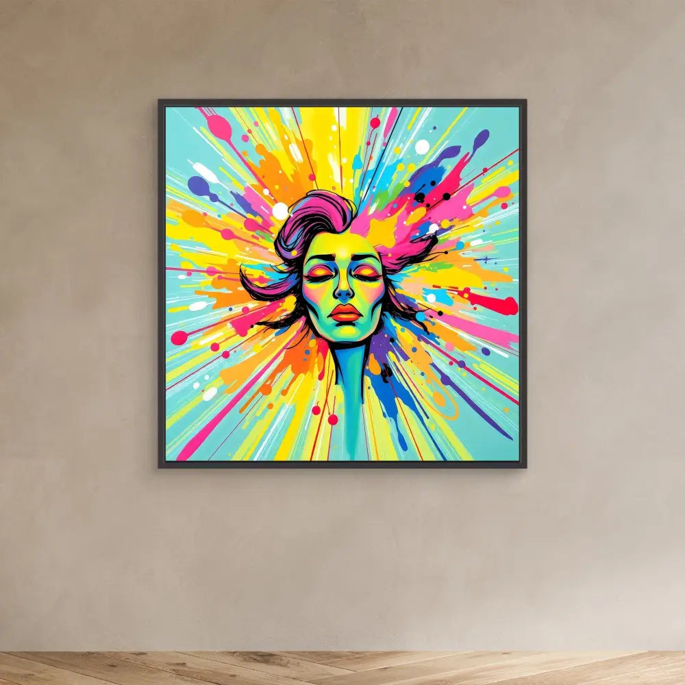 Vibrant pop art portrait with colorful paint splashes radiating outward in a starburst pattern.