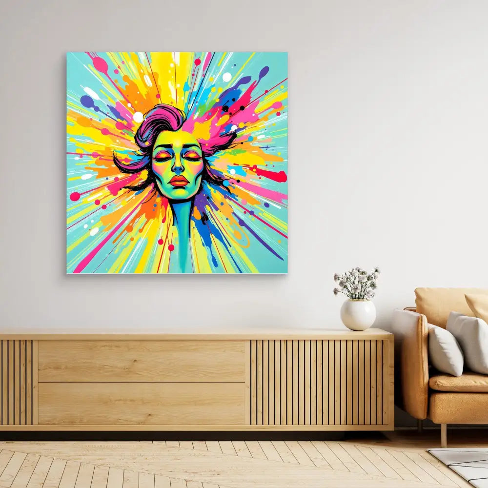 Vibrant pop art portrait with colorful paint splashes radiating outward in a starburst pattern.