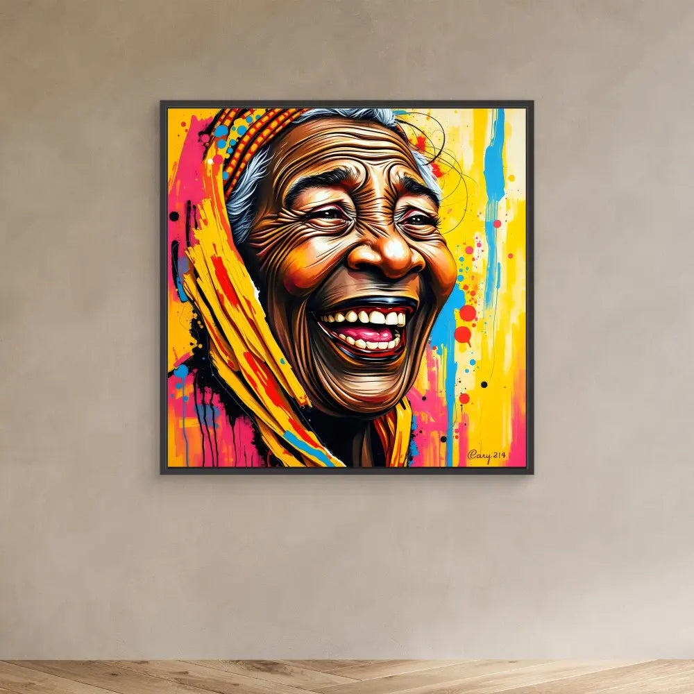 Vibrant pop art portrait showing a joyful expression against colorful paint splashes.