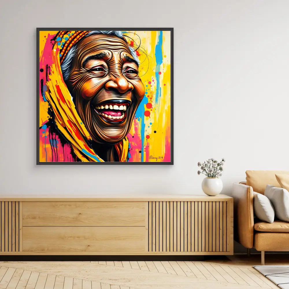 Vibrant pop art portrait of a joyfully laughing elderly person wearing a headscarf against a colorful splashed background.