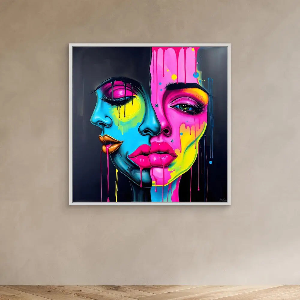 Vibrant pop art portrait featuring neon pink, blue and yellow dripping paint effects.